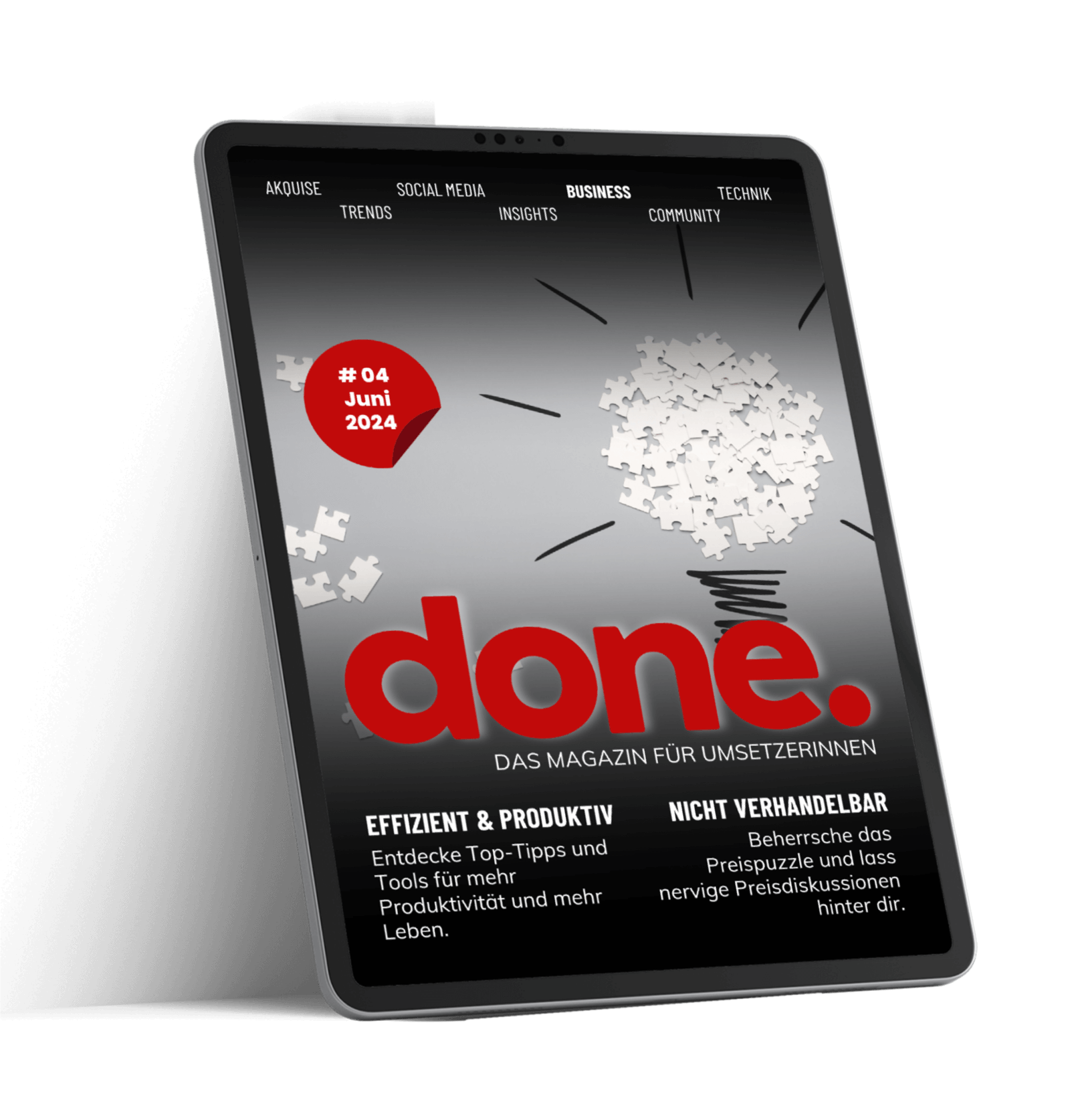 Tablet mit dem Cover einer deutschen Zeitschrift mit dem Titel &bdquo;done.&ldquo; und dem Untertitel &bdquo;Das Magazin f&uuml;r Umsetzerinnen&ldquo; sowie Ausgabeinformationen, Terminen und Themen wie Effizienz und Produktivit&auml;t.